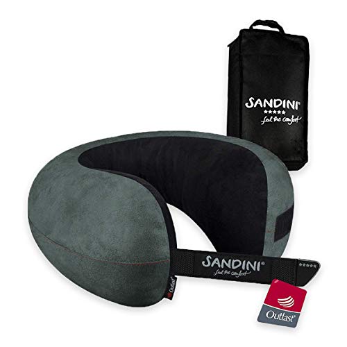 SANDINI TravelFix Regular Size – Almohada de Viaje Premium con Cierre/Almohada Cervical con función de Soporte ergonómico – Bolsa de Transporte de fijación Gratuita (Outlast/Microfibra Antracita)