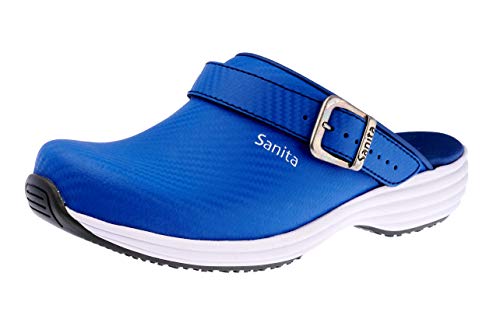 Sanita Wave Carbon | Zuecos Abiertos | Originales Hechos a Mano para Mujeres | Plantilla anatómica de Espuma Suave | Correa de talón Ajustable | Suela Antideslizante certificada | Azul | 42 EU
