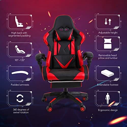 SANODESK Silla Gaming, Silla Gamer Ergonómica con Soporte de Masaje Lumbar y Cojín para el Cuello, Silla Escritorio de Cuero PU Ajustable para Videojuegos (Rojo)