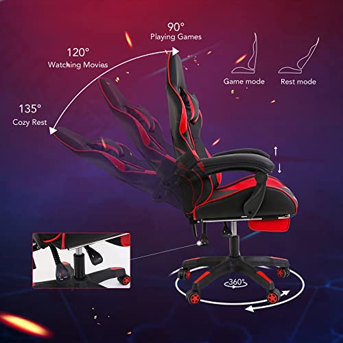 SANODESK Silla Gaming, Silla Gamer Ergonómica con Soporte de Masaje Lumbar y Cojín para el Cuello, Silla Escritorio de Cuero PU Ajustable para Videojuegos (Rojo)