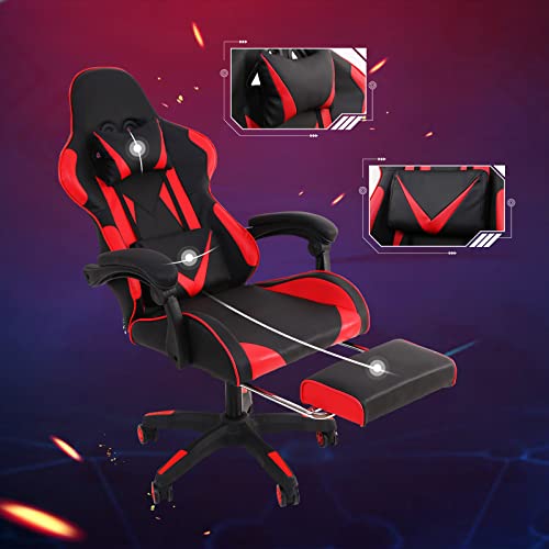 SANODESK Silla Gaming, Silla Gamer Ergonómica con Soporte de Masaje Lumbar y Cojín para el Cuello, Silla Escritorio de Cuero PU Ajustable para Videojuegos (Rojo)