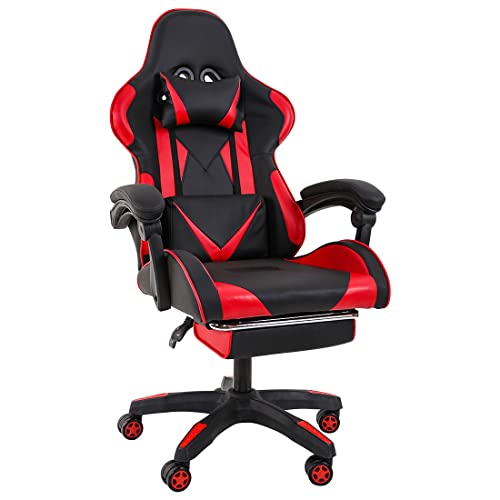 SANODESK Silla Gaming, Silla Gamer Ergonómica con Soporte de Masaje Lumbar y Cojín para el Cuello, Silla Escritorio de Cuero PU Ajustable para Videojuegos (Rojo)