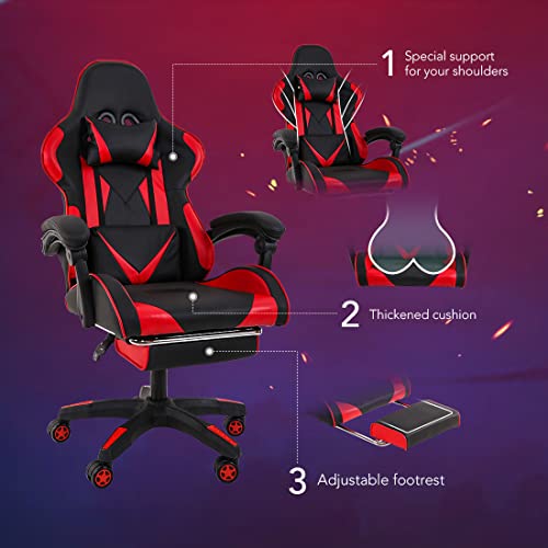 SANODESK Silla Gaming, Silla Gamer Ergonómica con Soporte de Masaje Lumbar y Cojín para el Cuello, Silla Escritorio de Cuero PU Ajustable para Videojuegos (Rojo)
