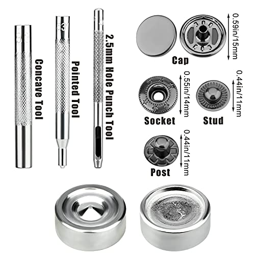 SAVITA 12 Juegos Botones a Presión de Metal Kit de Cierres de Cuero con 4 Herramientas de Instalación Corchetes Presión Metálicos Botón de Presión para Ropa Jeans Cinturón Tela, 15 mm
