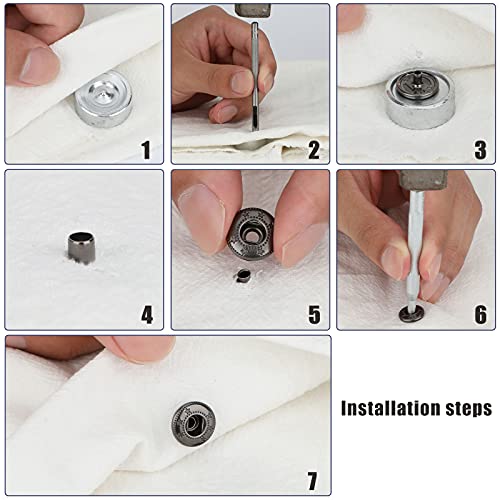 SAVITA 12 Juegos Botones a Presión de Metal Kit de Cierres de Cuero con 4 Herramientas de Instalación Corchetes Presión Metálicos Botón de Presión para Ropa Jeans Cinturón Tela, 15 mm