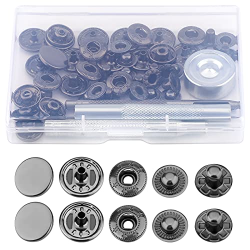 SAVITA 12 Juegos Botones a Presión de Metal Kit de Cierres de Cuero con 4 Herramientas de Instalación Corchetes Presión Metálicos Botón de Presión para Ropa Jeans Cinturón Tela, 15 mm