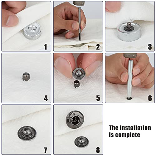 SAVITA 12 Juegos Botones a Presión de Metal Kit de Cierres de Cuero con 4 Herramientas de Instalación Corchetes Presión Metálicos Botón de Presión para Ropa Jeans Cinturón Tela, 15 mm