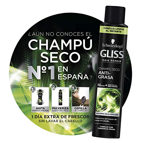 Schwarzkopf Gliss Champú seco anti-grasa, Negro - 200 ml- 24h de efecto anti-grasa, Cabello limpio al instante