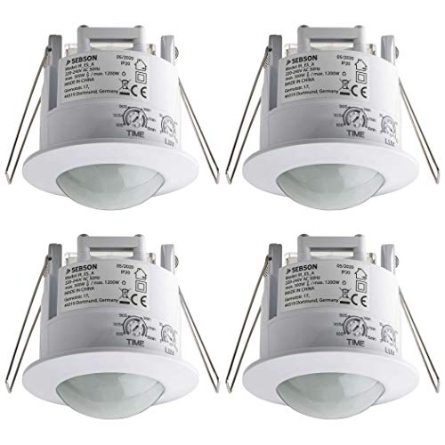 SEBSON® 4X Detector de Movimiento Empotrable, Interior, Montaje en Techo, programable, Sensor de Infrarrojos, Alcance 6m / 360°, LED Adecuado