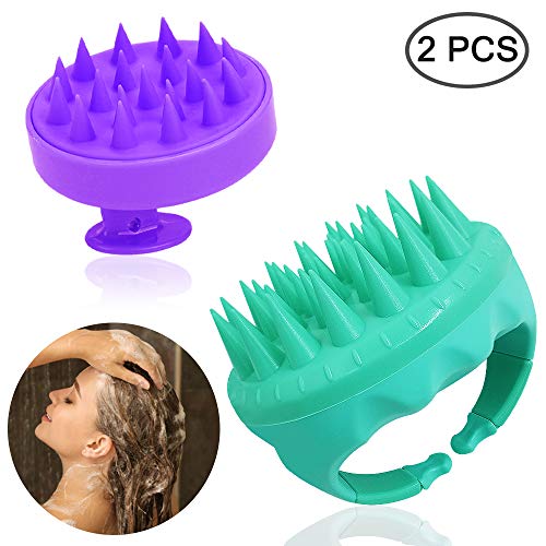 SENHAI 2 piezas Silicona Cepillo de champú para el cuidado del cuero cabelludo para todo tipo de cabello, Depurador de cabeza Masajeador de cuero cabelludo Peine de baño para mascotas -Verde Morado