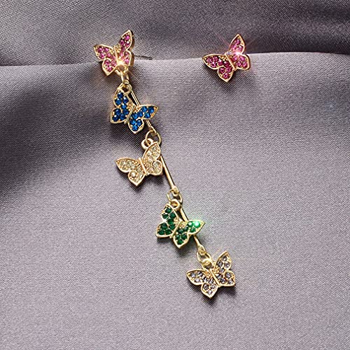 SeniorMar-UK S925 Pendientes de Mariposa de Diamantes Coloridos asimétricos de Color de Aguja de Plata Nueva Personalidad Femenina Super Hada Simple Colorido