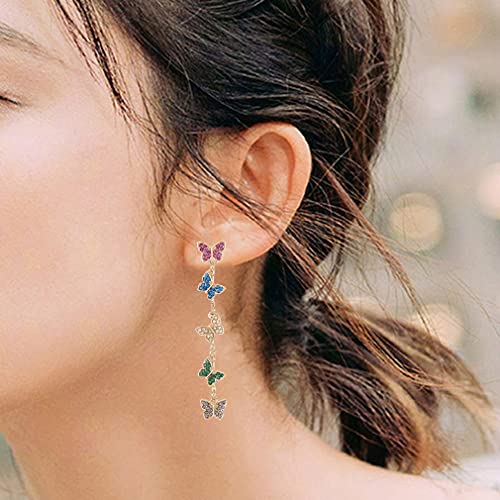 SeniorMar-UK S925 Pendientes de Mariposa de Diamantes Coloridos asimétricos de Color de Aguja de Plata Nueva Personalidad Femenina Super Hada Simple Colorido