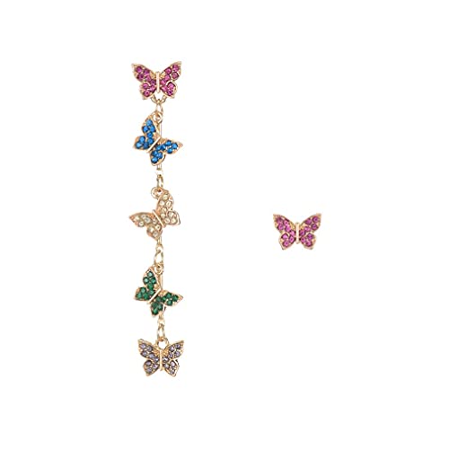 SeniorMar-UK S925 Pendientes de Mariposa de Diamantes Coloridos asimétricos de Color de Aguja de Plata Nueva Personalidad Femenina Super Hada Simple Colorido