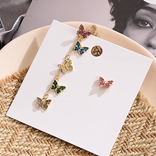 SeniorMar-UK S925 Pendientes de Mariposa de Diamantes Coloridos asimétricos de Color de Aguja de Plata Nueva Personalidad Femenina Super Hada Simple Colorido