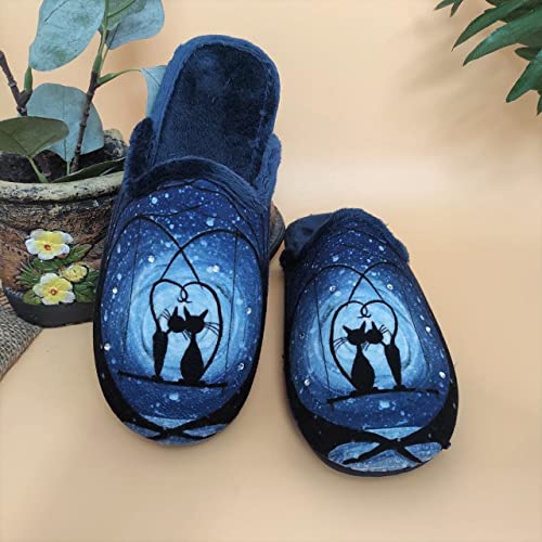 Sevillas - Zapatillas Mujer Casa Fantasía Invierno | Chinela Juvenil Dibujos Plana Abiertas y de Calidad Hechas en España - Antideslizante (Azul Gatitos, Numeric_40)