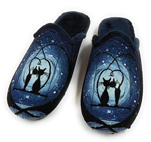Sevillas - Zapatillas Mujer Casa Fantasía Invierno | Chinela Juvenil Dibujos Plana Abiertas y de Calidad Hechas en España - Antideslizante (Azul Gatitos, Numeric_40)