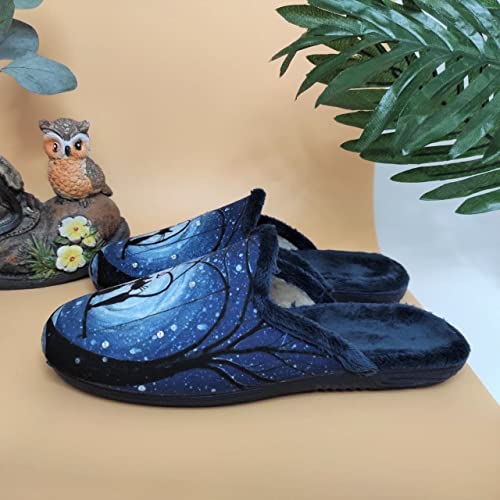 Sevillas - Zapatillas Mujer Casa Fantasía Invierno | Chinela Juvenil Dibujos Plana Abiertas y de Calidad Hechas en España - Antideslizante (Azul Gatitos, Numeric_40)