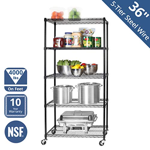 Seville Classics UltraDurable - Estantería de Alambre de Acero con Ruedas de 5 Niveles con certificación NSF, 91,4 x 45,7 x 182,8 cm, Color Negro