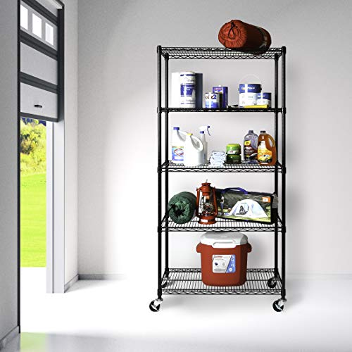Seville Classics UltraDurable - Estantería de Alambre de Acero con Ruedas de 5 Niveles con certificación NSF, 91,4 x 45,7 x 182,8 cm, Color Negro