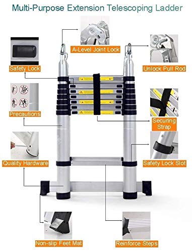 SFSGH Escaleras, Escalera telescópica de Aluminio - Escalera telescópica con Marco en A y Multiusos - Escalera de extensión telescópica de Aluminio Plegable con Mecanismo de Bloqueo de s