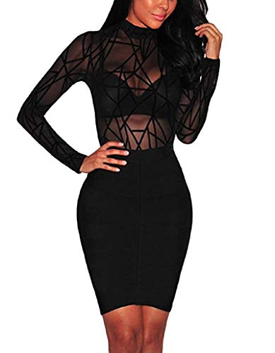 Shangrui Mono de Manga Larga para Mujer Body Clubwear Transparente