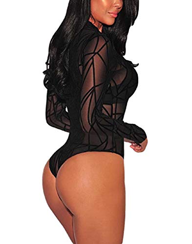 Shangrui Mono de Manga Larga para Mujer Body Clubwear Transparente