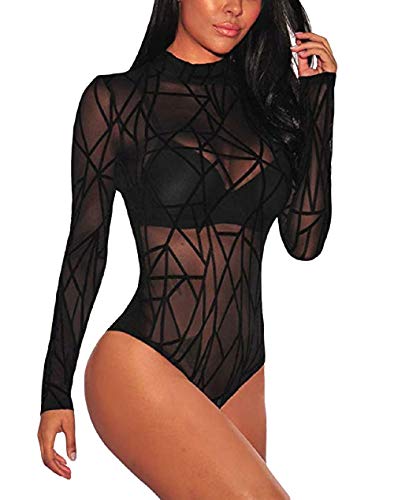 Shangrui Mono de Manga Larga para Mujer Body Clubwear Transparente