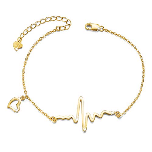 SHEGRACE Pulsera de Latido del Corazón para Mujer en Plata de Ley 925 Platino/Oro Rosa/Oro en Chapado Brazalete, 180 mm