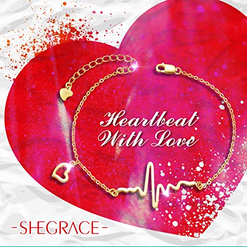 SHEGRACE Pulsera de Latido del Corazón para Mujer en Plata de Ley 925 Platino/Oro Rosa/Oro en Chapado Brazalete, 180 mm