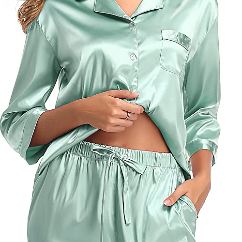 SHEKINI Elegante Pijama de Seda para Mujer Pijama de Dos Piezas con Solapas Pijamas Pantalones de Manga Larga Pantalones con Botones Superiores con Cordón Cómodo Pijama Tipo Camiseta
