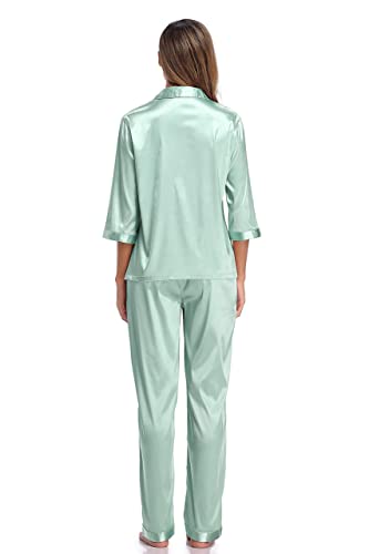 SHEKINI Elegante Pijama de Seda para Mujer Pijama de Dos Piezas con Solapas Pijamas Pantalones de Manga Larga Pantalones con Botones Superiores con Cordón Cómodo Pijama Tipo Camiseta