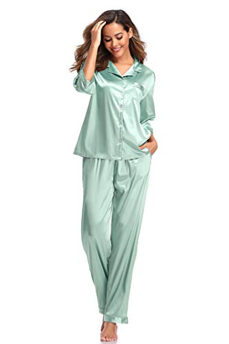 SHEKINI Elegante Pijama de Seda para Mujer Pijama de Dos Piezas con Solapas Pijamas Pantalones de Manga Larga Pantalones con Botones Superiores con Cordón Cómodo Pijama Tipo Camiseta