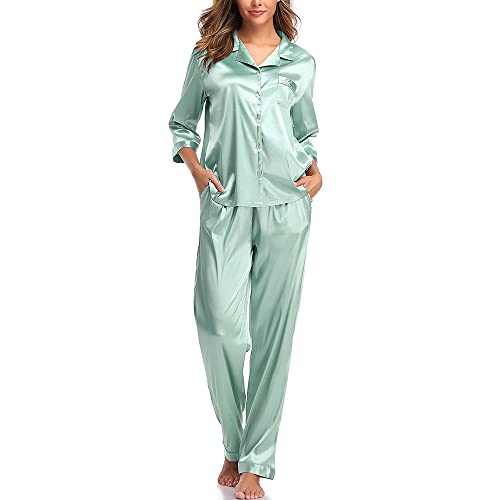 SHEKINI Elegante Pijama de Seda para Mujer Pijama de Dos Piezas con Solapas Pijamas Pantalones de Manga Larga Pantalones con Botones Superiores con Cordón Cómodo Pijama Tipo Camiseta