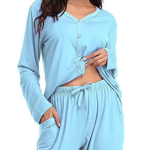 SHEKINI Pijamas de Modal de Mujer Pijamas de Algodón con Botones con Cintura Elástica Camisón Pijama Clásico de 2 Piezas Pijama Largo de Dos Piezas