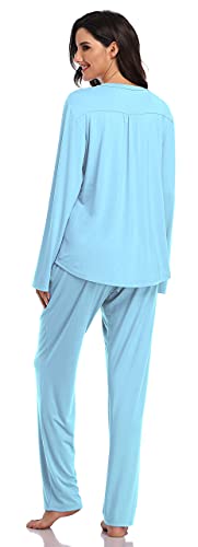 SHEKINI Pijamas de Modal de Mujer Pijamas de Algodón con Botones con Cintura Elástica Camisón Pijama Clásico de 2 Piezas Pijama Largo de Dos Piezas