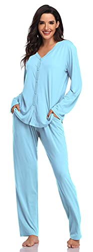 SHEKINI Pijamas de Modal de Mujer Pijamas de Algodón con Botones con Cintura Elástica Camisón Pijama Clásico de 2 Piezas Pijama Largo de Dos Piezas