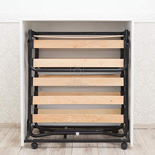 Shop Chic - Mueble cama individual color blanco abatible plegable de madera con ruedas con somier y somier completo con listones y colchón de alta densidad de 10 cm de grosor