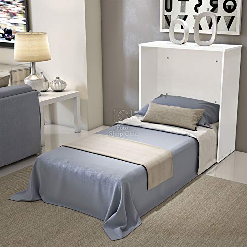 Shop Chic - Mueble cama individual color blanco abatible plegable de madera con ruedas con somier y somier completo con listones y colchón de alta densidad de 10 cm de grosor