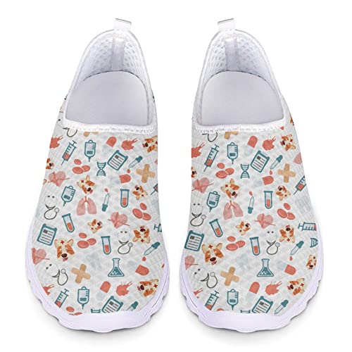 Showudesigns Zapatos Enfermera Zapatillas Sanitarias Mujer Deportivas Ligeras Transpirables Cómodas Zapatillas de Linda Enfermera Corgi Trabajar Zapatos Planos de Malla Blanco 40