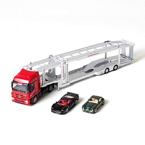 siku 3934 Camión de transporte de coches, Incl. 2 coches de juguete, Semirremolque desmontable, 1:50, Metal/Plástico, Rojo/Plateado