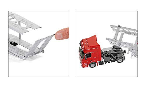 siku 3934 Camión de transporte de coches, Incl. 2 coches de juguete, Semirremolque desmontable, 1:50, Metal/Plástico, Rojo/Plateado