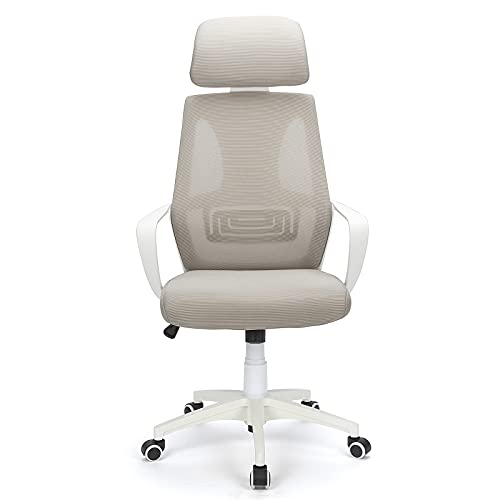 Silla de Oficina Ergonómica Moderna, Silla de Computadora Giratoria de 360° con Cintura de Soporte de Malla Transpirable y Reposacabezas Tapizado (Gris)