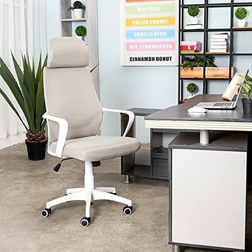 Silla de Oficina Ergonómica Moderna, Silla de Computadora Giratoria de 360° con Cintura de Soporte de Malla Transpirable y Reposacabezas Tapizado (Gris)