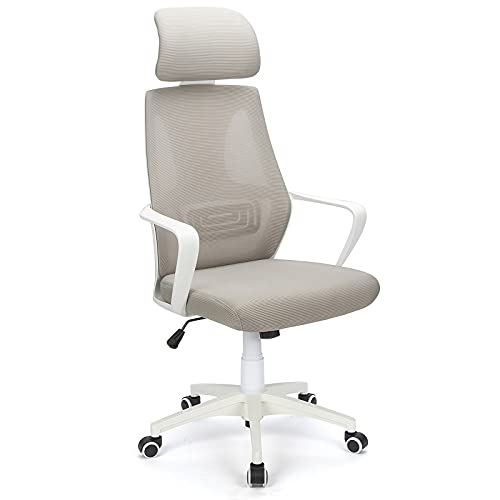 Silla de Oficina Ergonómica Moderna, Silla de Computadora Giratoria de 360° con Cintura de Soporte de Malla Transpirable y Reposacabezas Tapizado (Gris)
