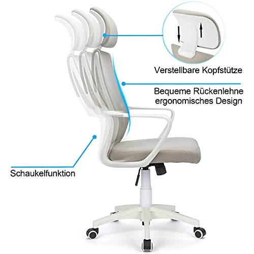 Silla de Oficina Ergonómica Moderna, Silla de Computadora Giratoria de 360° con Cintura de Soporte de Malla Transpirable y Reposacabezas Tapizado (Gris)