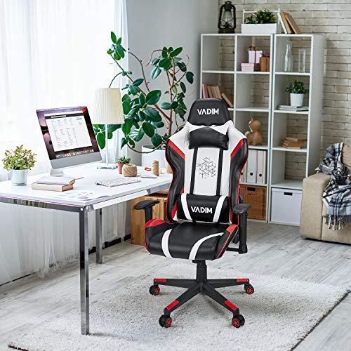 Silla Gaming, Silla De Escritorio, Silla Giratoria Ergonómica para Oficina Ejecutiva, Silla para Computadora, Cuero Sintético con Reposacabezas Y Cojín De Cuero (Blanco-Rojo)