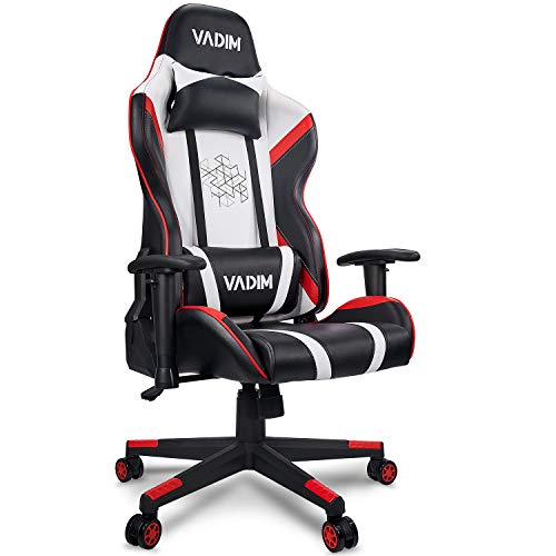 Silla Gaming, Silla De Escritorio, Silla Giratoria Ergonómica para Oficina Ejecutiva, Silla para Computadora, Cuero Sintético con Reposacabezas Y Cojín De Cuero (Blanco-Rojo)