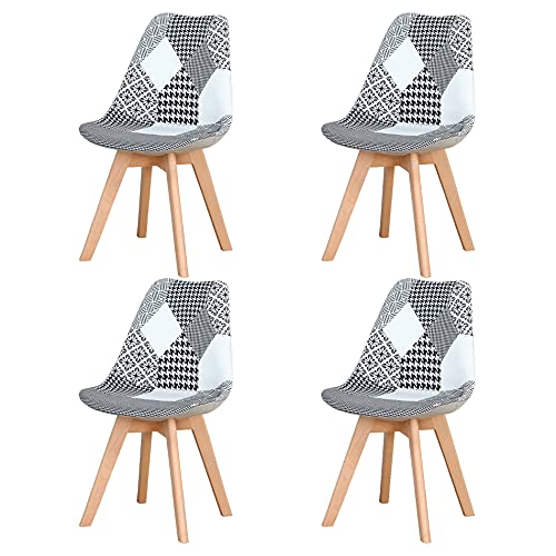 Sillas de Comedor Modernas de Mediados del Siglo, Juego de 4 sillas tapizadas de Retazos con Patas de Silla de Material de Haya Maciza para la Sala de Estar del Dormitorio