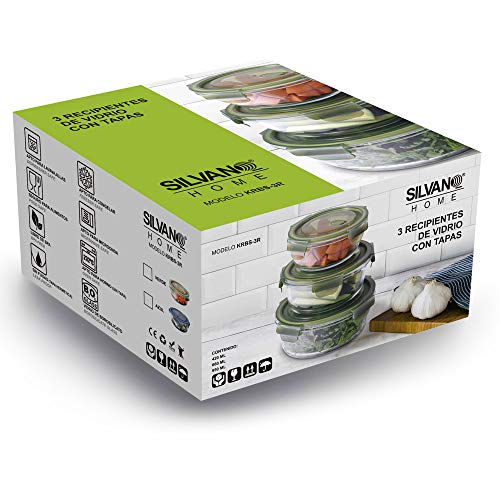 SILVANO - Juego de 3 Recipientes de Vidrio Transparente - Apto para Microondas y Congelador - Cierre Hermético y Tapa Translúcida - Tapa Verde - Almacenaje Cocina