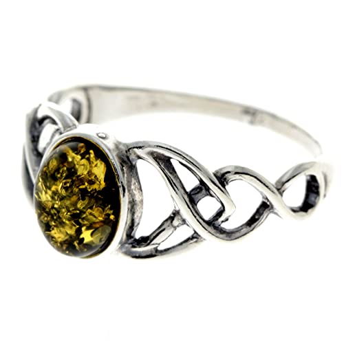 SilverAmber Jewellery - Anillo de plata de ley 925 y nudos celtas de ámbar báltico - 7482, V, Piedra preciosa., Ámbar Verde,
